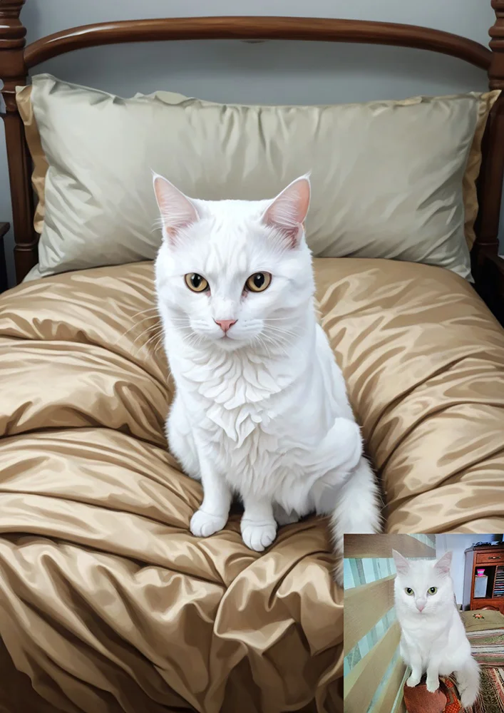 Retrato de gato blanco en ilustración digital sobre lienzografía