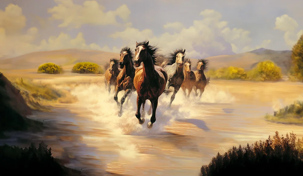 Pintura al óleo de caballos salvajes galopando en el agua