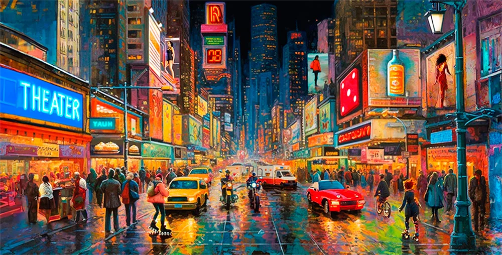 Pintura digital de noche lluviosa en New York City, estilo impresionista
