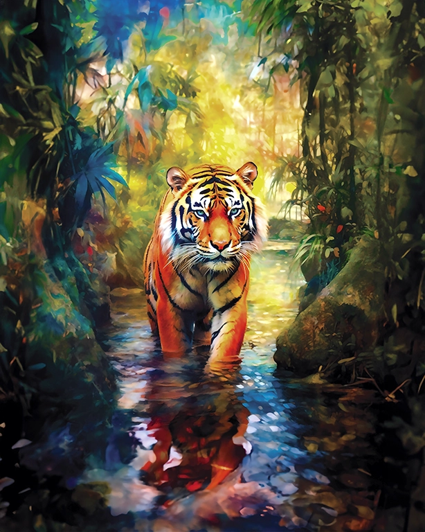 Pintura digital de un Tigre de Bengala con mirada intensa