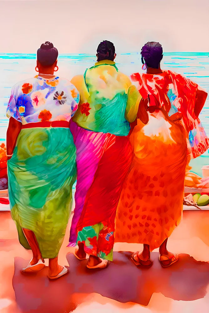 Acuarela digital de tres palenqueras en la costa colombiana
